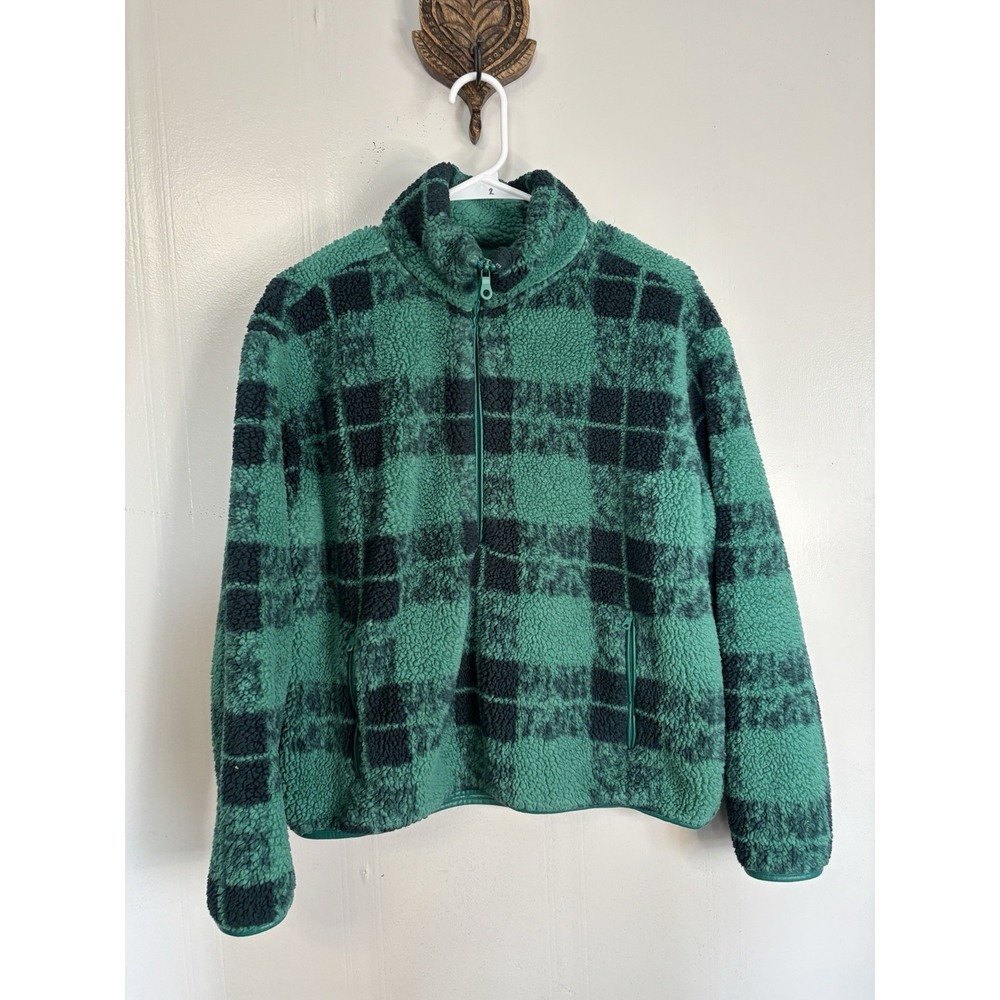 Offline by Aerie Sherpa Quarter Zip Jacket Green and‎ Black Buffalo Plaid Small